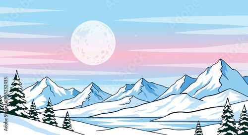 A pixelated winter scene shows snow-capped mountains under a pastel sky with a large moon