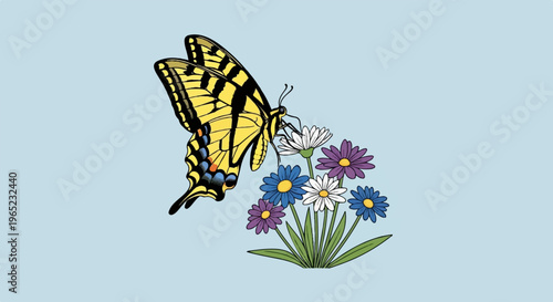Yellow butterfly on colorful daisies on a pale blue background