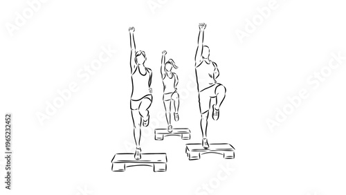 A minimalist vector illustration of three people exercising on step platforms
