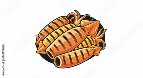 A pile of grilled squid with visible tentacles and grill marks