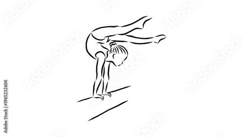 A minimalist vector illustration of a gymnast in motion on a balance beam