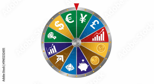 A colorful wheel of fortune displays currency symbols, financial charts, and savings icons