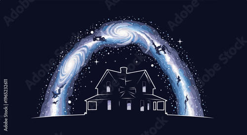 A cosmic arch frames a silhouetted house under a starry expanse