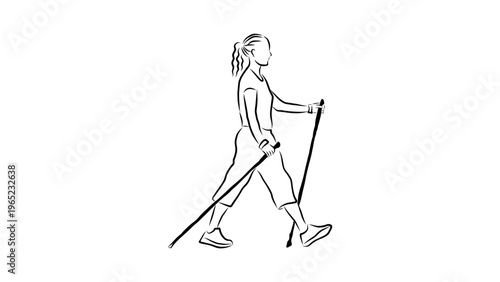 A woman walking with trekking poles in a minimalist line art style