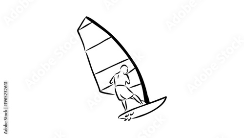 A minimalist vector illustration of a person windsurfing on calm waters