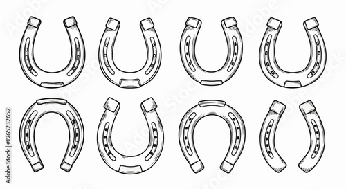 A collection of eight horseshoes in varying orientations and styles, hand-drawn