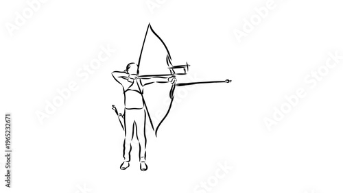 A minimalist line art illustration of an archer aiming a bow and arrow