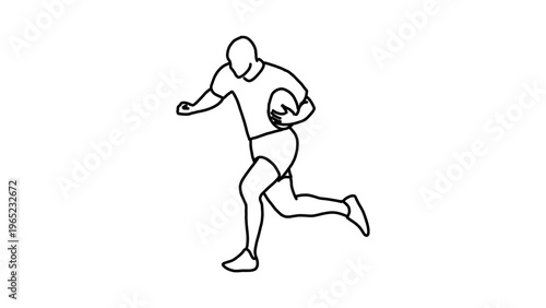 A minimalist line art illustration of a man running with a rugby ball