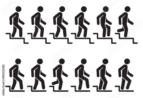Animation sequence of person walking up the stairs, showing steps of progress or upward movement