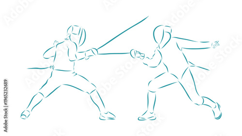 A vector graphic illustration of two fencers in action with swords
