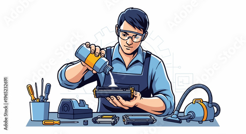 Technician refills toner cartridge with tools, vacuum, and spare cartridges