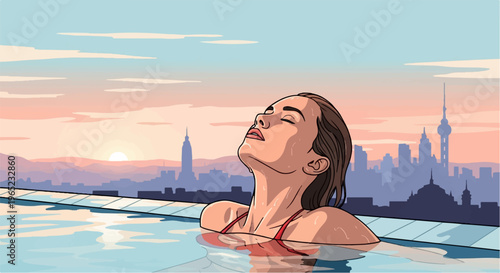 Woman relaxes in pool overlooking city skyline at sunset