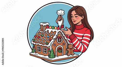 Woman decorating a festive gingerbread house with icing and candy