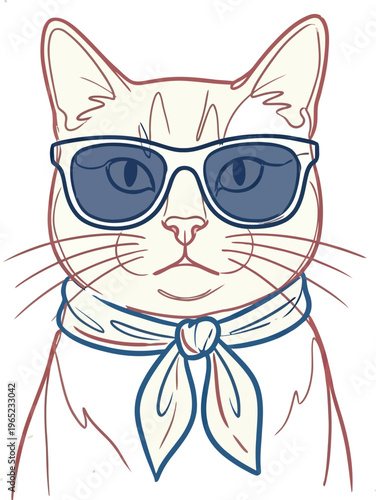 Cat sunglasses bandana minimal brush sketch vector illustration