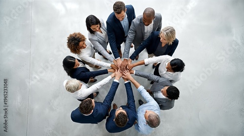 High angle view of a diverse business team joining hands in a circle, representing unity and collaboration.