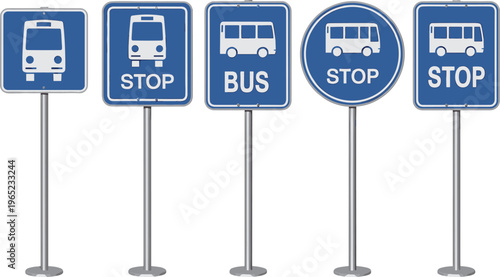 Blue bus stop sign collection with various street pole designs featuring transit icons and text for urban public transportation and city navigation.