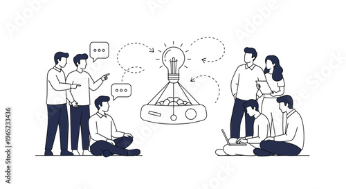 Diverse group of professionals collaborating in a brainstorming session focused on generating innovative ideas symbolized by a central illuminated lightbulb concept.
