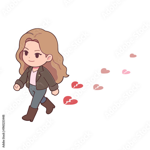 A cartoon woman walks through floating hearts in a lively outdoor setting.