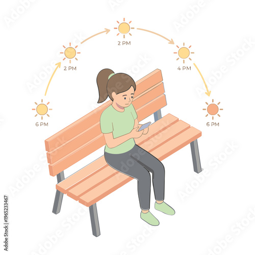 A woman sits on a bench checking her phone during different times of day with sun symbols around her.