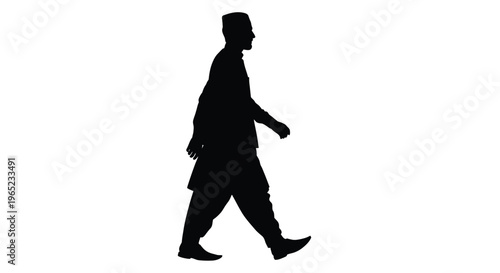 A striking full body profile silhouette of a man walking confidently from right to left, captured against a clean white background, showcasing traditional attire including a long tunic and a distinct 