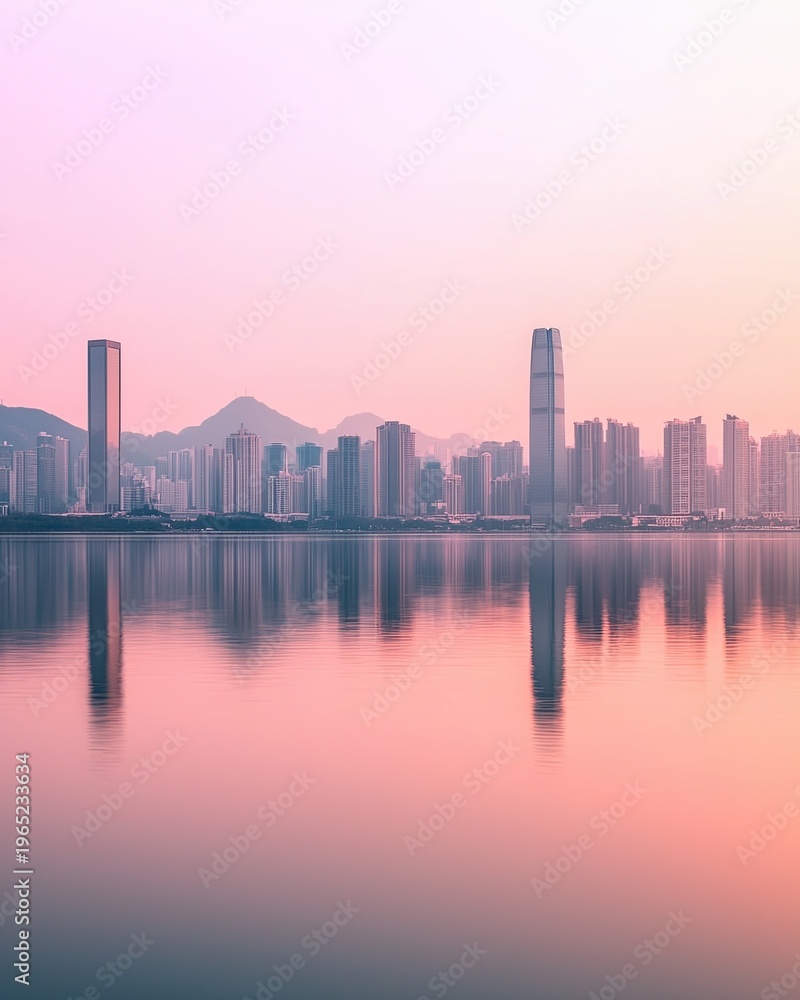 Obraz premium Ambient harbor skyline Serene Still Water Reflection in Harbor at Sunset