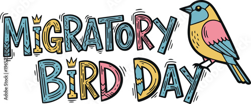 "MIGRATORY BIRD DAY" Typography with Cute Bird Illustration and Colorful Ethnic Patterns