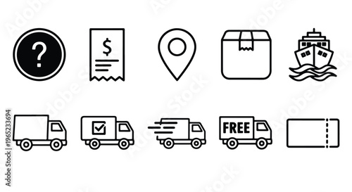 Shipping and logistics icons - Minimalist, flat icon, outline, glyph, linear, clipart, sticker - icon set