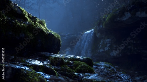 Waterfall cascading over mossy dark rocks in a deep blue forest at night