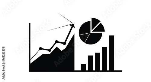 Silhouette icon representing financial growth data analysis including a rising line graph bar chart and accompanying pie chart symbolizing market performance.