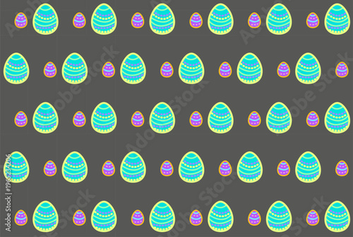 Lively seamless background featuring rows of vibrant, decorated cartoon Easter eggs scattered across a soft gray backdrop. A versatile and cheerful design suitable for festive digital wallpapers, spri