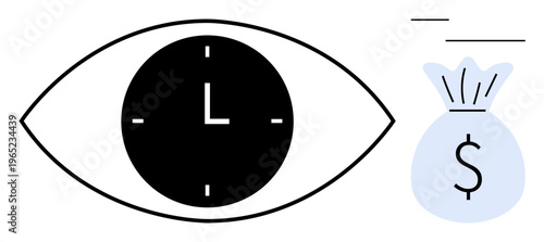Time management, financial planning, saving money, efficiency, productivity, budgeting. Design showing an eye with a clock inside and a money bag beside it. Time management and financial planning