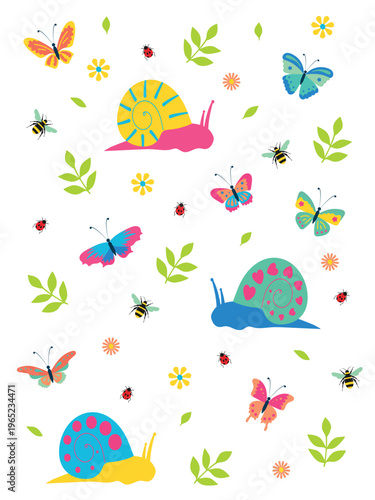 Foto Cute garden insects flat vector illustration with snails butterflies bees and la