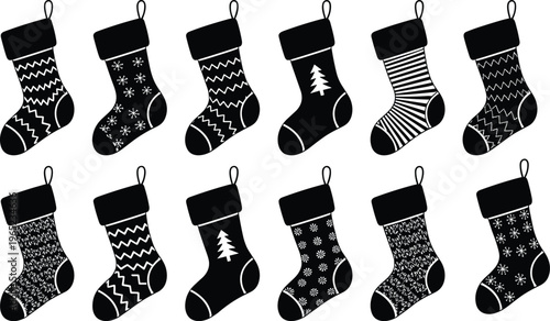 Christmas stocking silhouette set with festive patterns, winter holiday socks collection isolated on white background for decoration, greeting cards, textile and seasonal design