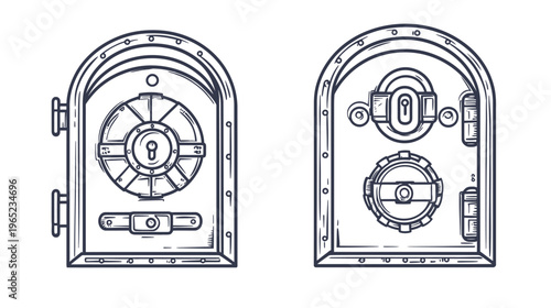 Black and white illustration of two stylized vault doors with intricate lock mechanisms
