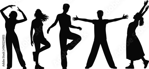 Dancing people silhouettes collection with modern expressive poses, freestyle movement and artistic performance, human body motion set isolated on white background for design