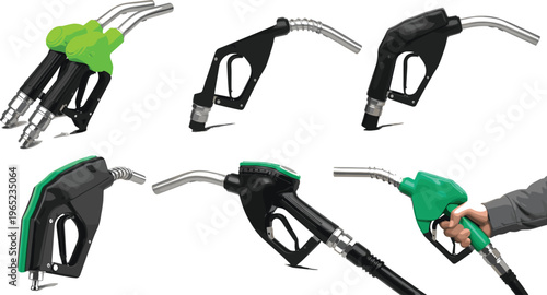 Fuel pump nozzle set gas station petrol dispenser handles realistic vector illustration