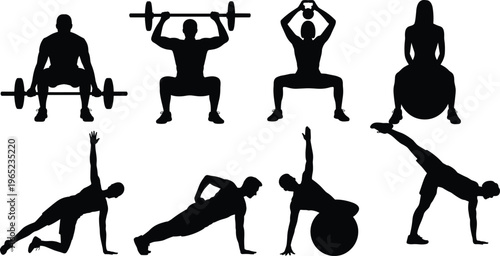 Fitness workout silhouettes set featuring strength training, barbell squats, kettlebell exercises, stability ball and bodyweight moves, gym activity collection isolated on white