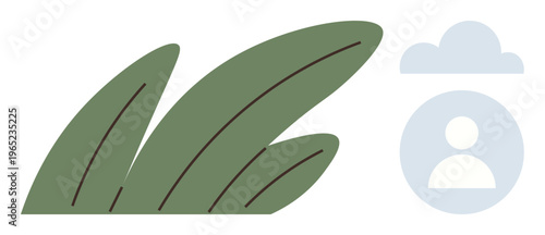 Nature, technology, connection, identity, personal branding, simplicity. Green leaves beside a person icon under a cloud. Nature and technology harmony concept