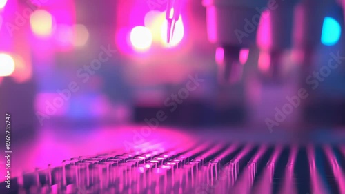 Automated lab instrument precisely aspirating and dispensing samples into a microplate under purple pink uv glow, showcasing high throughput liquid handling and futuristic biotech precision