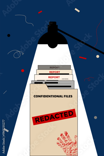 Investigation Confidential Files Folder with Redacted Stamp and Broken Chain, vector illustration