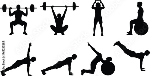 Fitness workout silhouettes set with barbell squats, overhead press, kettlebell training, stability ball exercises and bodyweight moves, gym strength training collection isolated