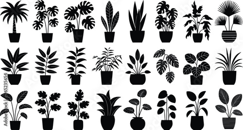 Indoor plant silhouettes set with potted houseplants, tropical leaves and decorative foliage, home gardening collection isolated on white background for design
