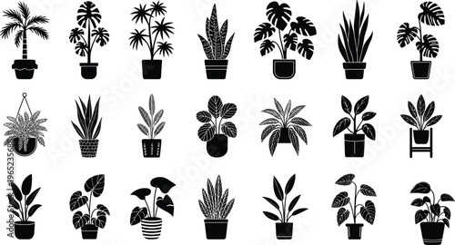Indoor plant silhouettes collection with potted houseplants, tropical foliage, hanging plants and decorative greenery, home decor elements set isolated on white background