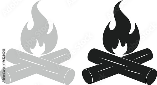 Campfire icon set, two monochrome vector illustrations of burning logs and flames, ideal for outdoor adventure and camping designs