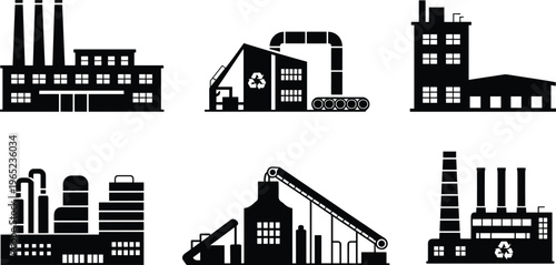 Industrial factory silhouettes set including manufacturing plants, recycling facility, warehouses, conveyor systems and chimneys, industry production icons collection isolated on white background