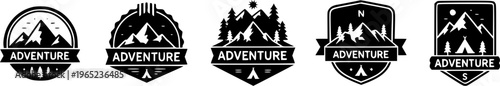 Adventure Mountain Badges Featuring Silhouette Peaks Pine Forests And Camping Expedition Emblem Icons
