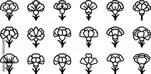 Black and white flowers on stems in rows