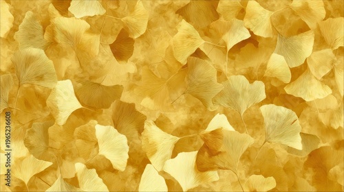金色の地に銀杏の葉が重なり合う抽象的な和柄、染め物風の背景素材