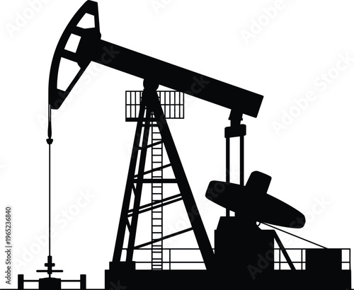 Oil pump jack silhouette for petroleum extraction, industrial drilling rig equipment illustration isolated on white background, energy production concept design