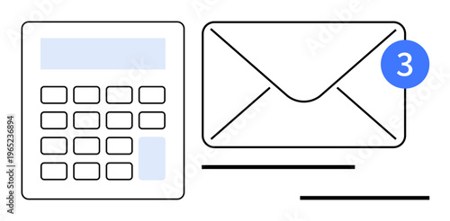 Email notifications, financial management, business tools, productivity, communication, organization. An email envelope with notification and a calculator. Email notifications and financial
